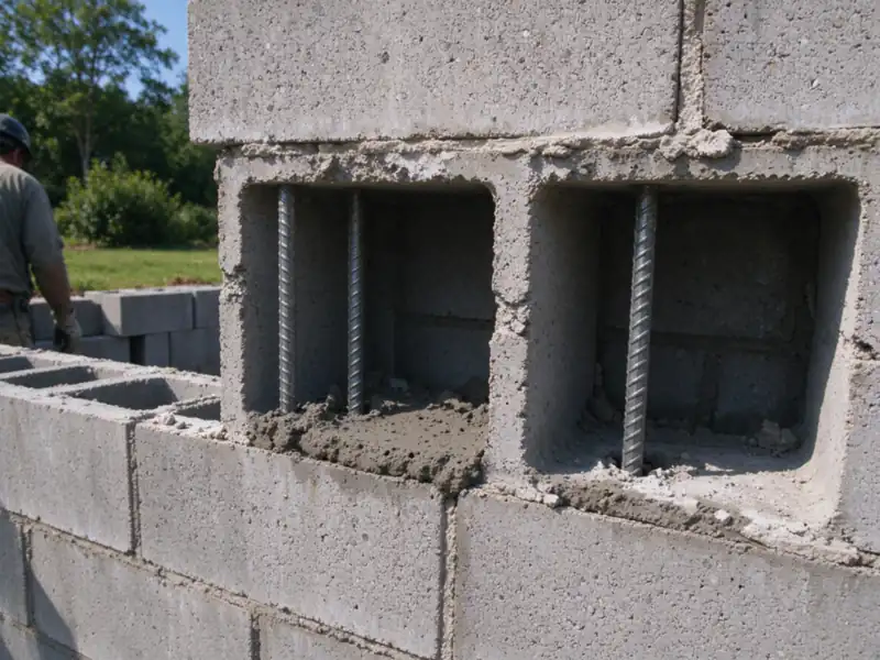 Vertical rebar in the hollow cores of a concrete block wall, some cores filled with grout, Charlotte area