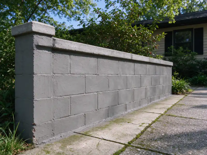 A finished reinforced block retaining wall finished in smooth gray parging with a concrete cap, beside a driveway of a Charlotte house