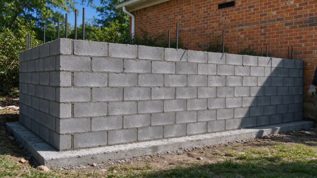 A reinforced concrete block retaining wall under construction on a poured footing, with steel rebar rising from the block cores, beside a brick house in Charlotte