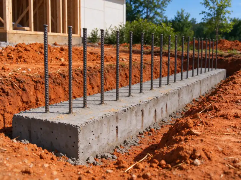A poured concrete footing with a row of vertical rebar dowels in a trench of red Piedmont clay, Charlotte area