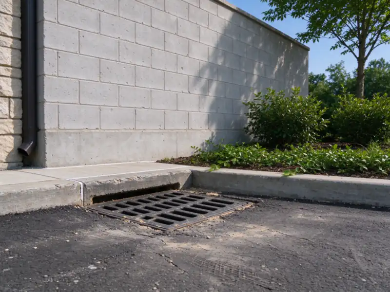 A storm drain inlet grate in an asphalt parking lot near the base of a tall block wall, Charlotte area