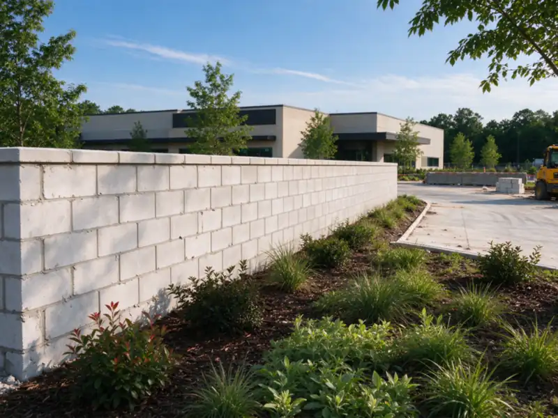 A long modular block wall along a commercial lot driveway entrance with landscaped strip, Charlotte area