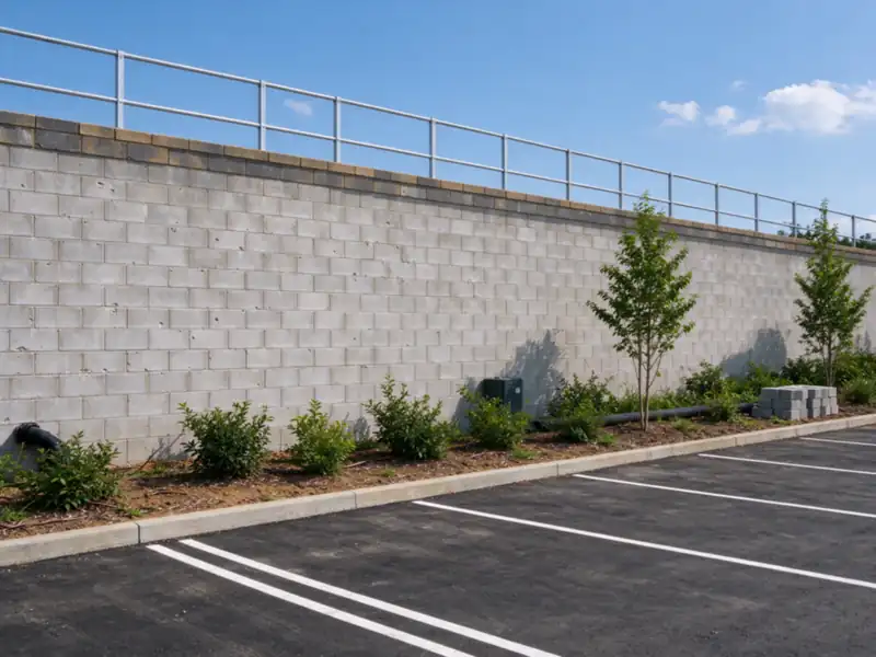 A tall block retaining wall behind a parking lot with a metal safety railing along the top, Charlotte area