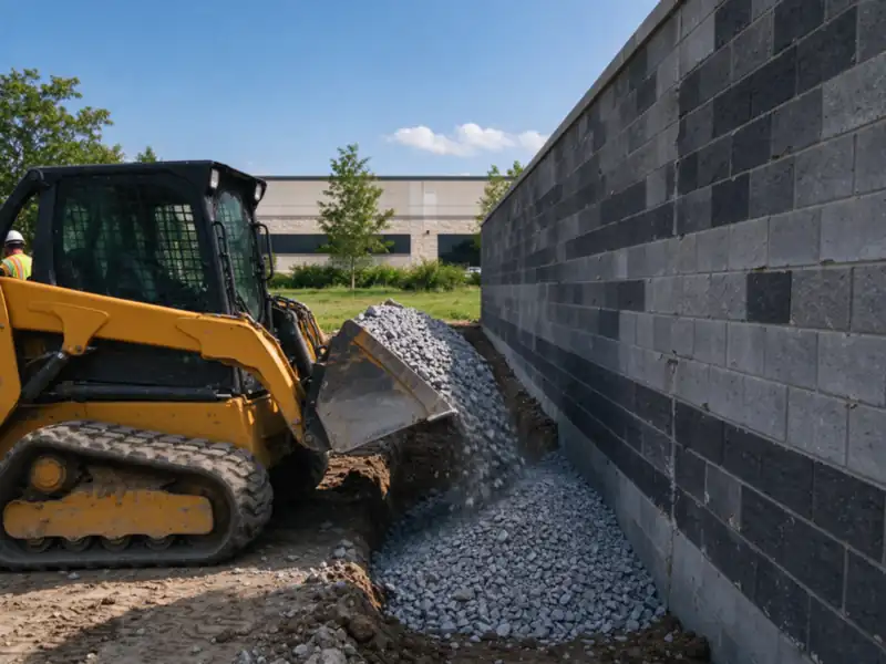 A skid steer placing gravel backfill behind a tall commercial block retaining wall, Charlotte area