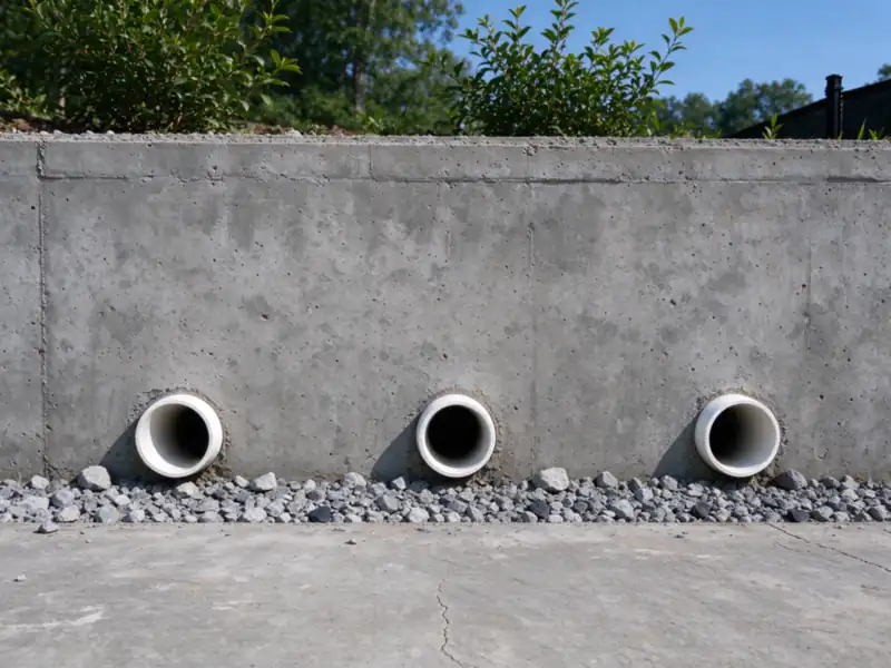 Three round white PVC weep pipes cut flush with the base of a cast concrete retaining wall, Charlotte area