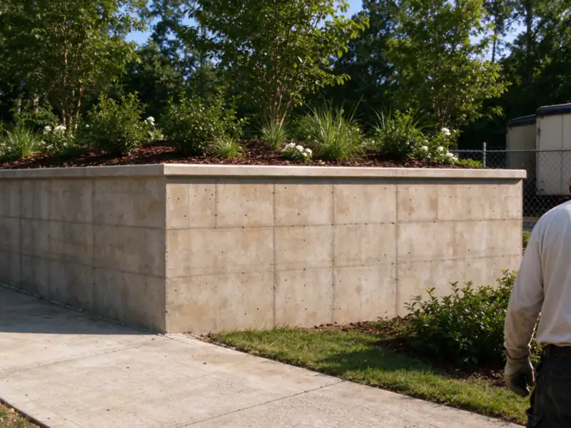 A finished board-formed concrete retaining wall with a clean top edge, a planting bed above and a concrete walk at its base, Charlotte area