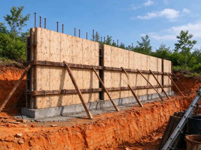 Braced plywood wall forms on a concrete footing for a cast-in-place concrete retaining wall, in a cut of red Piedmont clay, Charlotte area