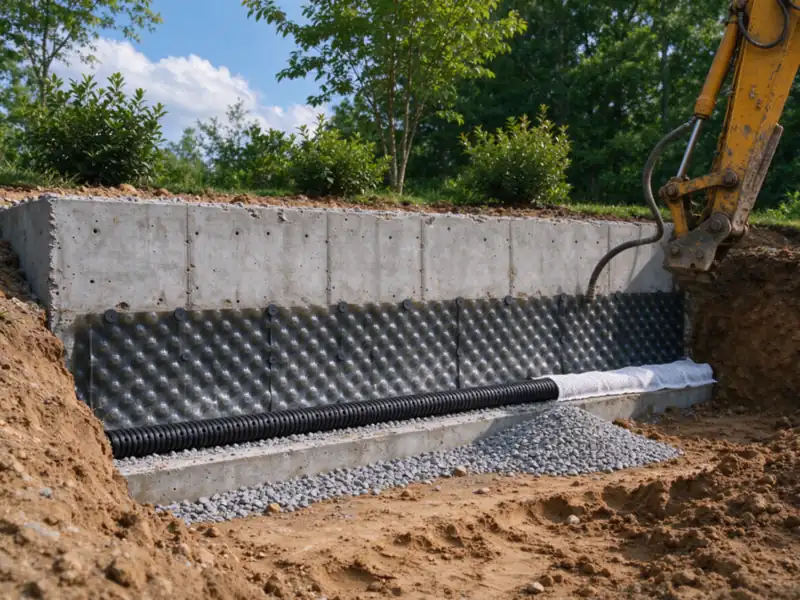 Drainage board, a perforated pipe and washed gravel behind a cast concrete retaining wall before backfill, Charlotte area
