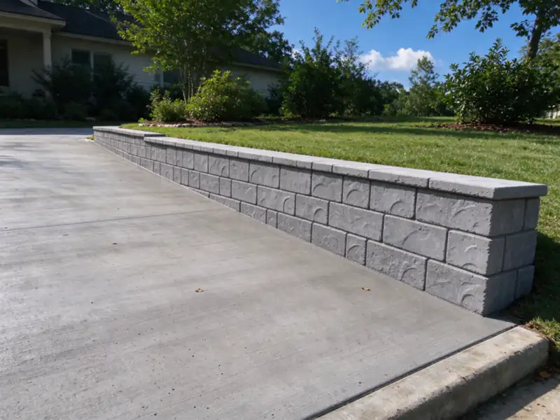 Concrete driveway with a new gray retaining wall along one side and a level lawn above it, Charlotte area