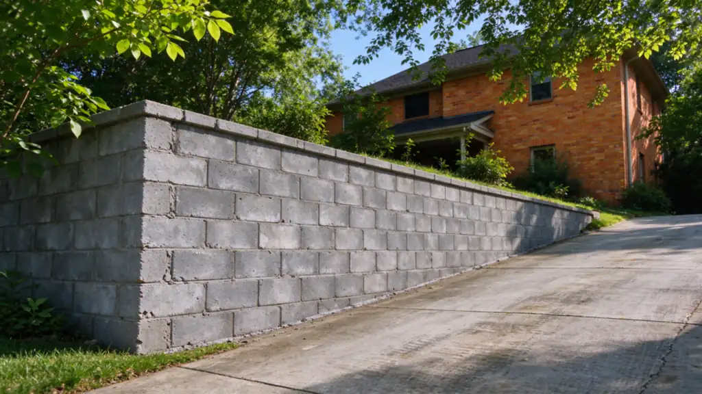 A gray segmental block retaining wall about four feet tall running alongside a sloped concrete driveway up to a two-story brick house in Charlotte