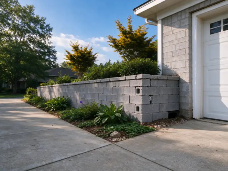 Where a block retaining wall meets the corner of an attached garage beside a concrete driveway, Charlotte area