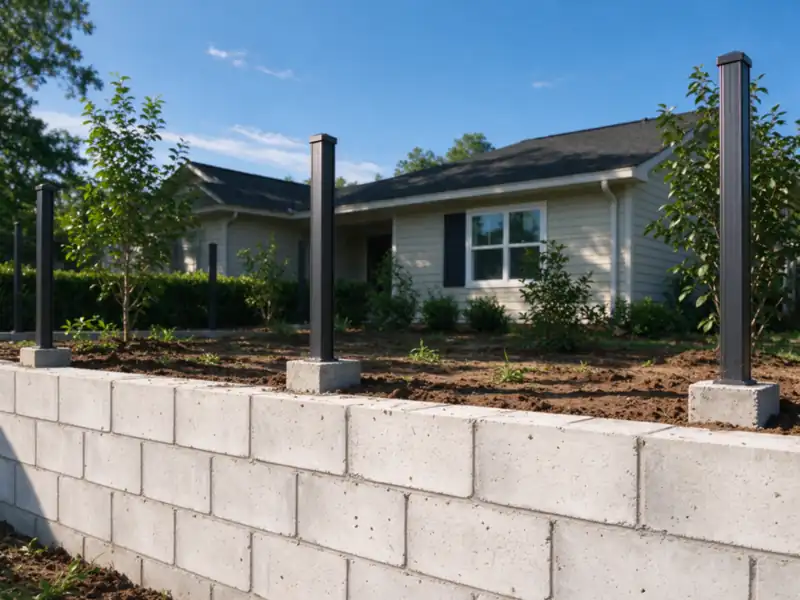 Fence posts set in concrete in the ground behind the top of a block wall, before fence panels are added, Charlotte area