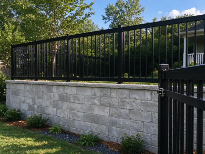 A black aluminum guard fence installed just behind the cap line of a tall block retaining wall, Charlotte area