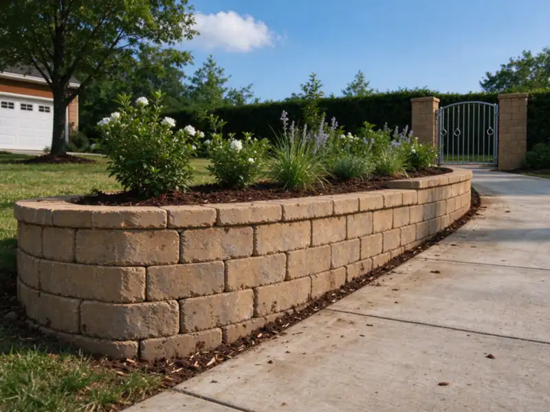 A curved low tan block garden wall forming a raised planting bed, Charlotte area