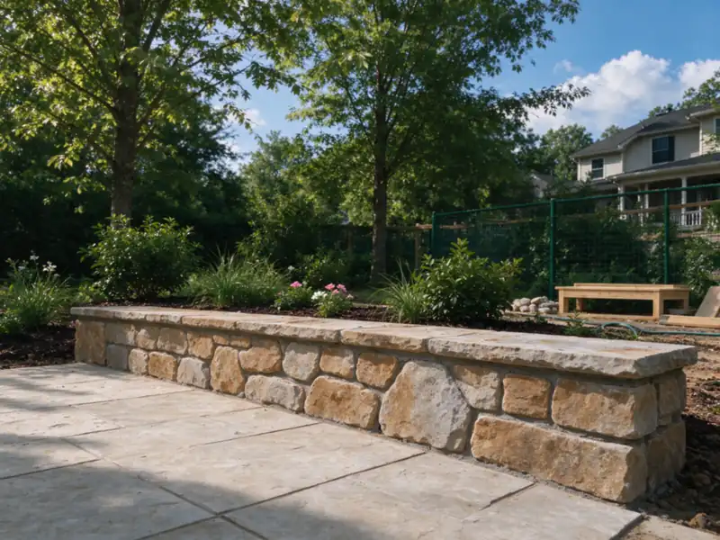 A low garden retaining wall along the edge of a stone patio, Charlotte area