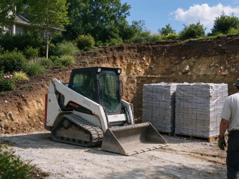 A compact track loader parked on a flat bench cut into a hillside, next to stacked pallets of retaining-wall blocks, Charlotte area