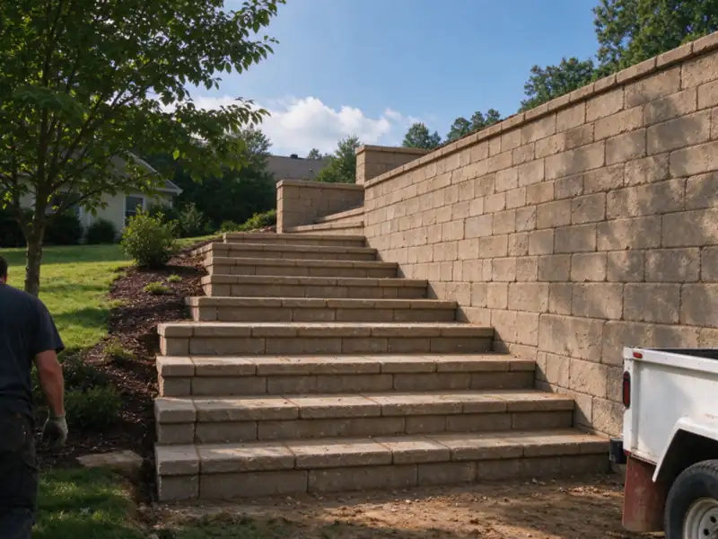 Block steps built into the end of a tall retaining wall, leading from a lower yard up the hillside, Charlotte area