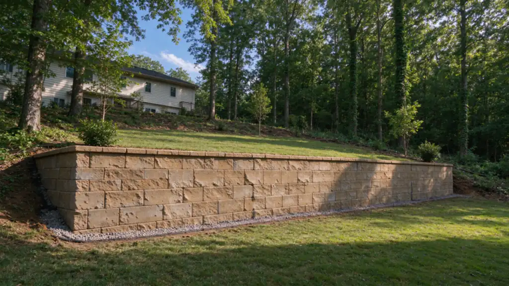 A tall tan segmental block retaining wall cut into a wooded back-yard hillside, with a flat lawn above it, Charlotte area
