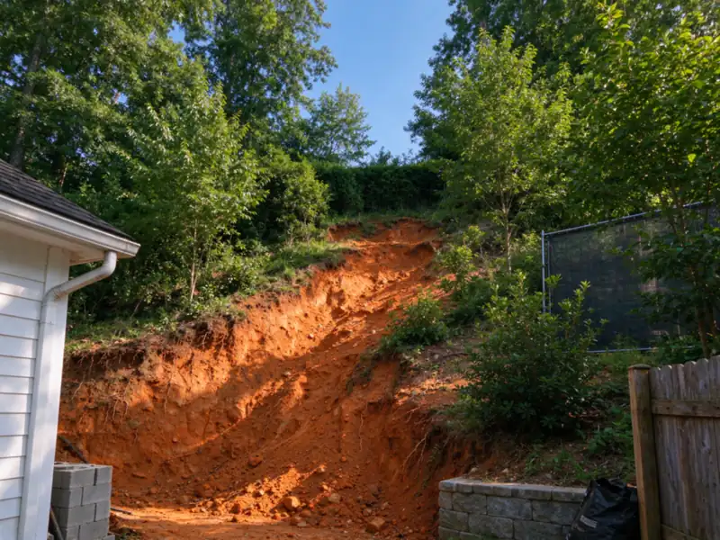 A steep bare back-yard slope of orange-red Piedmont clay soil with small erosion rills and exposed roots, behind a house, Charlotte area