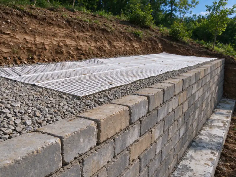 White geogrid laid flat on compacted gravel fill behind a tall block wall under construction on a hillside, Charlotte area