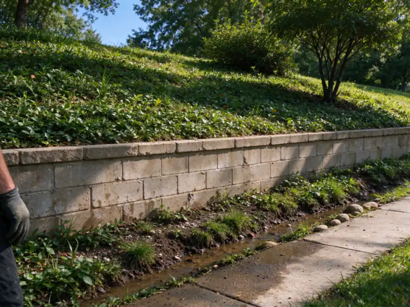 A neighborhood common-area slope with a low block wall and a drainage swale at its base, Charlotte area