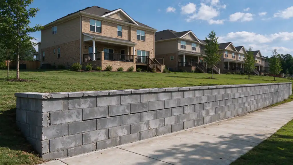 A long gray segmental block retaining wall about four feet tall running along a grassed common area behind a row of two-story townhouses, Charlotte area