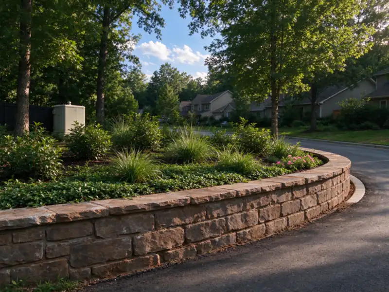 A low stone-faced retaining wall edging a neighborhood entrance planting bed, Charlotte area