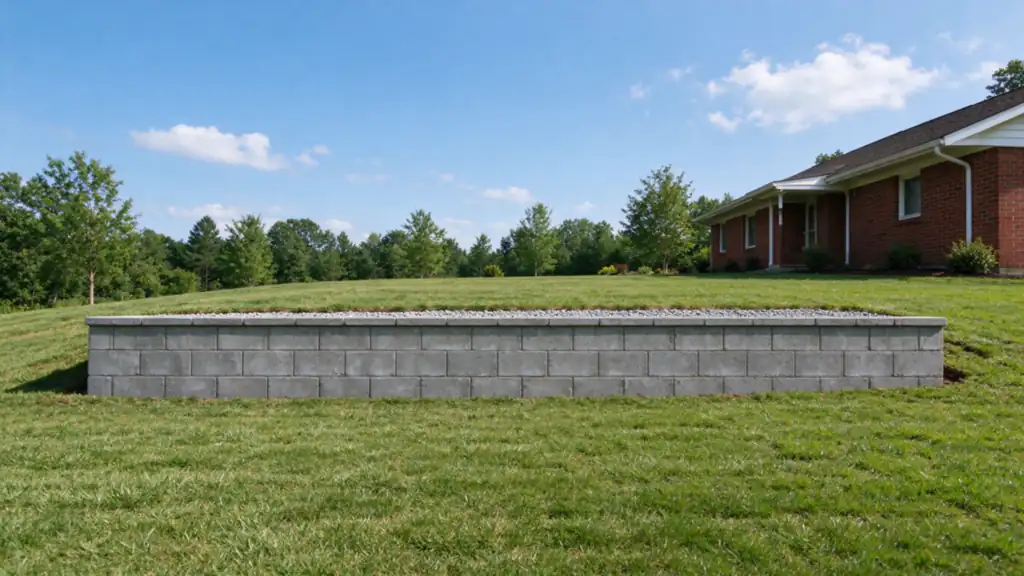A gray segmental block retaining wall about three feet tall holding a level lawn terrace behind a red-brick ranch house in Charlotte