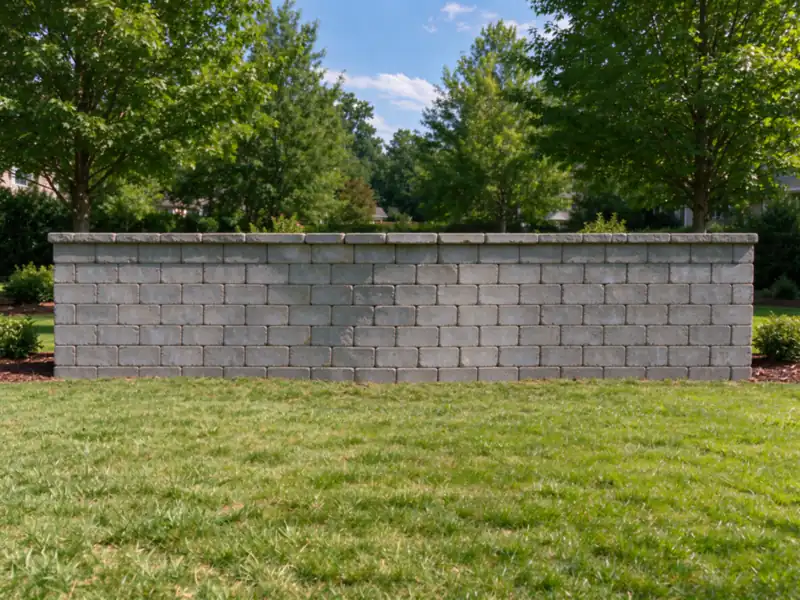 The same gray block retaining wall after its bulging middle section was rebuilt in line with both ends, in a Charlotte back yard