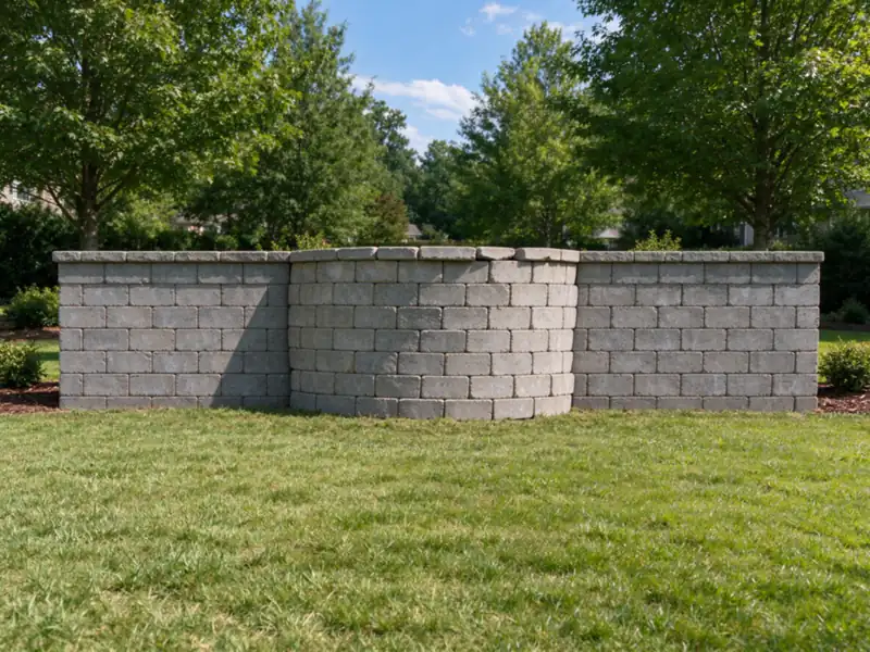 A gray block retaining wall with its middle section pushed forward out of line with both straight ends, in a Charlotte back yard