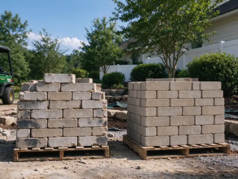 Old blocks from a dismantled wall section cleaned and stacked on a pallet beside a new pallet of matching blocks, Charlotte area