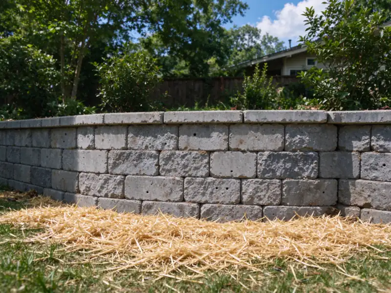 The finished rebuilt middle section of a gray segmental block retaining wall in a back yard, caps level, fresh straw on the lawn in front, Charlotte area