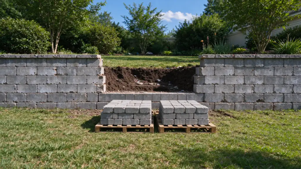 A gray block retaining wall with its middle section dismantled and the blocks stacked on pallets, both end sections still standing, Charlotte back yard