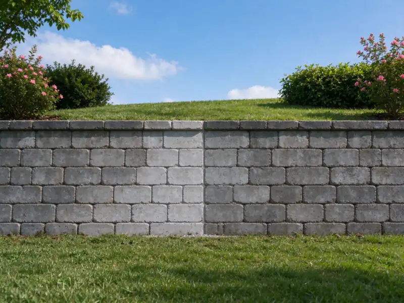 The joint where a rebuilt section of gray block wall meets the original wall, courses and caps in line, Charlotte area