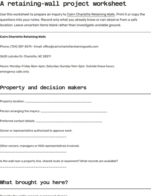 First page of the Cairn retaining-wall project worksheet