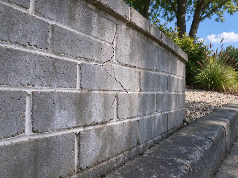 A hairline crack running through mortar joints of a concrete block retaining wall, Charlotte area