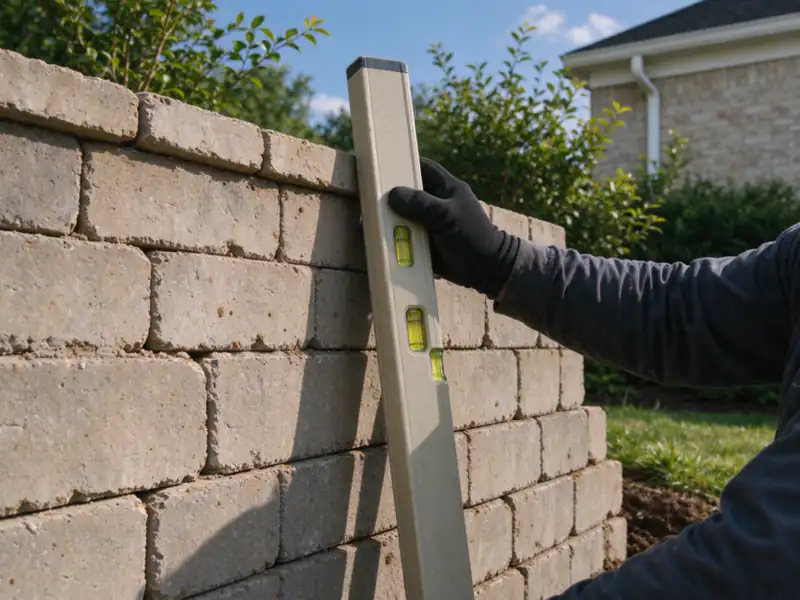 Gloved hand holding a 4-foot level vertically against the face of a leaning block retaining wall, Charlotte area
