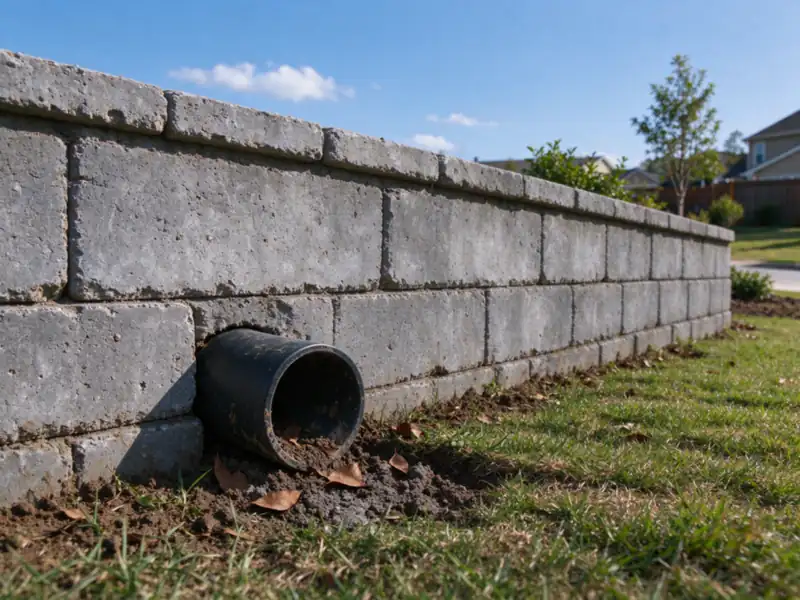 A short black drain outlet pipe ending at the base of a gray segmental block retaining wall, its opening partly clogged with soil and dead leaves, Charlotte area