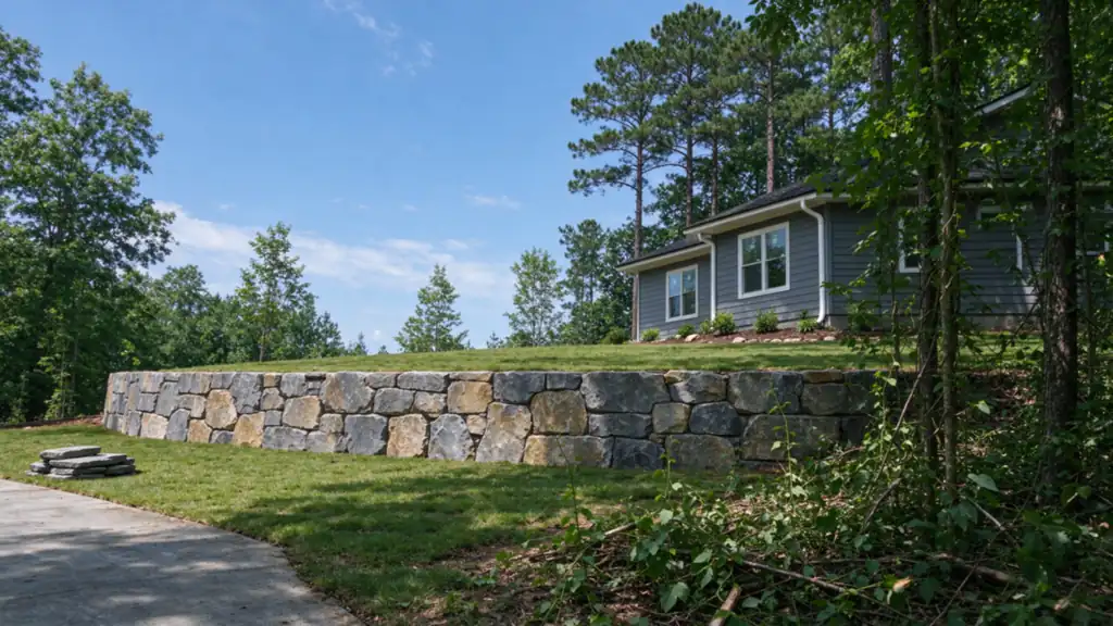 A natural stone retaining wall about three feet tall holding a level lawn beside a gray-sided house, a wooded lot near Davidson, North Carolina
