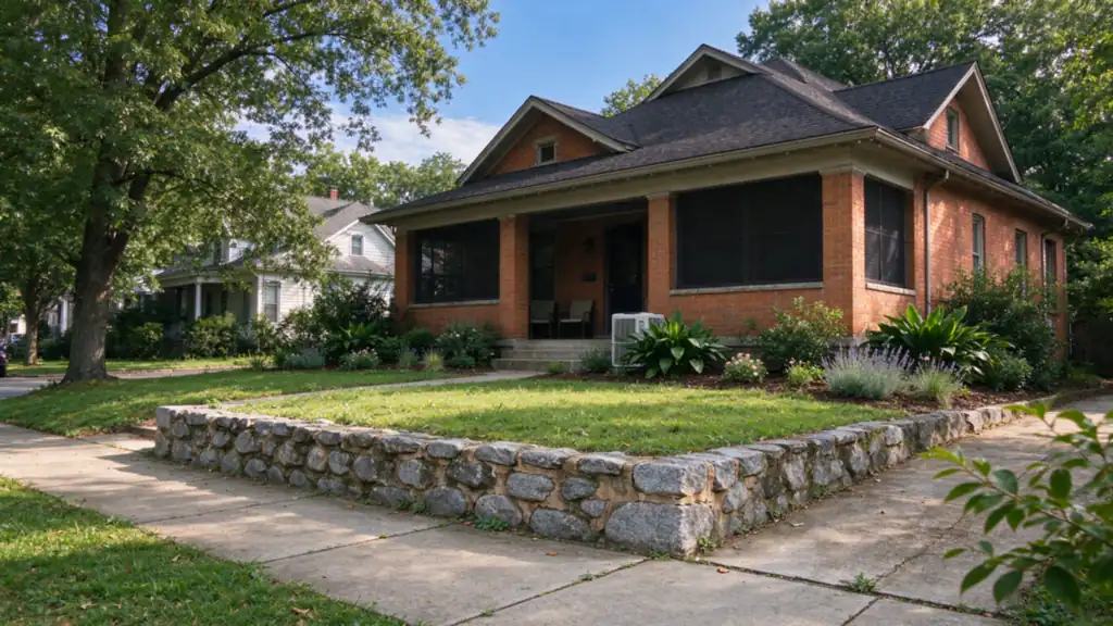 A low old mortared granite retaining wall along the front lawn of a 1920s brick bungalow above the sidewalk in Dilworth, Charlotte