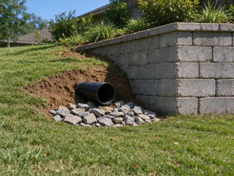 The end of a retaining wall where a smooth black drain outlet pipe daylights out of the slope onto a small pad of gray riprap stones on a lawn slope, Charlotte area