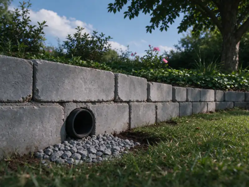 The base of a low gray block retaining wall with one small round black drain outlet pipe, about four inches across, Charlotte area