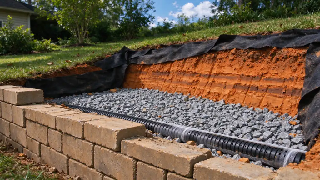 A perforated drain pipe in clean drainage gravel behind a partly built tan block retaining wall, with filter fabric against the clay slope, in a Charlotte back yard