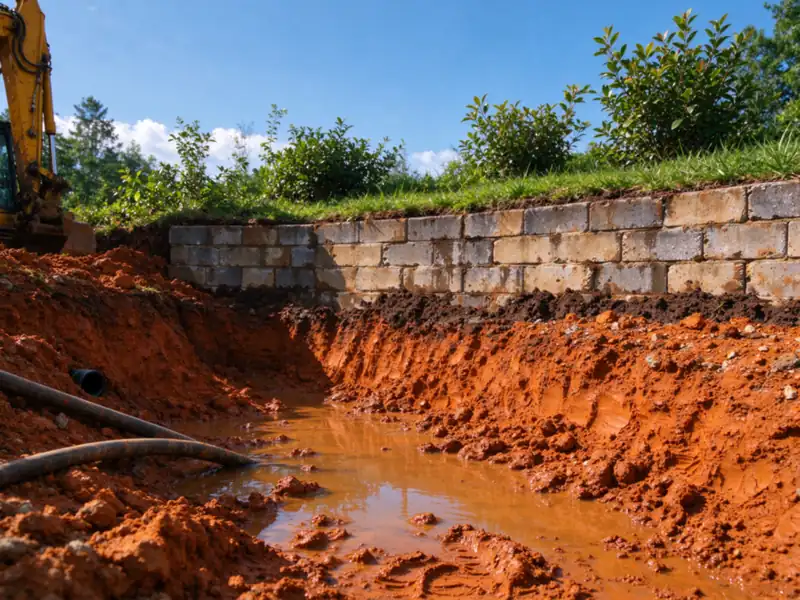 Wet, dark orange-red Piedmont clay soil with standing water at the bottom of a narrow excavation behind the top of an existing retaining wall, Charlotte area