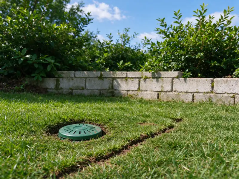 A green round pop-up drain emitter set flush in a lawn some distance below a retaining wall, with a thin line of recently restored turf leading to it, Charlotte area