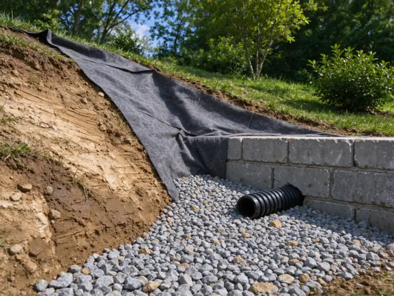 Dark gray nonwoven filter fabric laid against a cut clay slope with clean drainage gravel being placed against it behind a block wall, Charlotte area