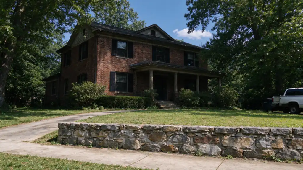 An older brick house in Gastonia, North Carolina with an old mortared stone retaining wall about three feet tall along the front yard