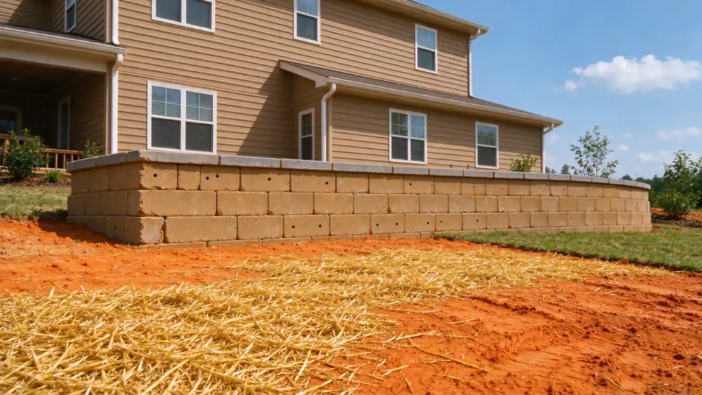 A new tan segmental block retaining wall about three feet tall finished along a back-yard slope of a two-story house in Charlotte