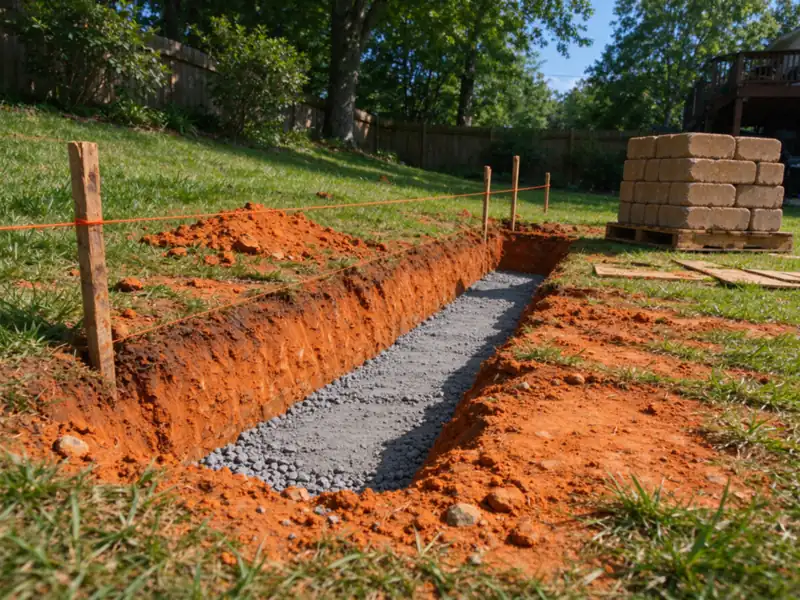 A shallow trench in red Piedmont clay with a compacted crushed-stone leveling base and a string line for a new wall, Charlotte area