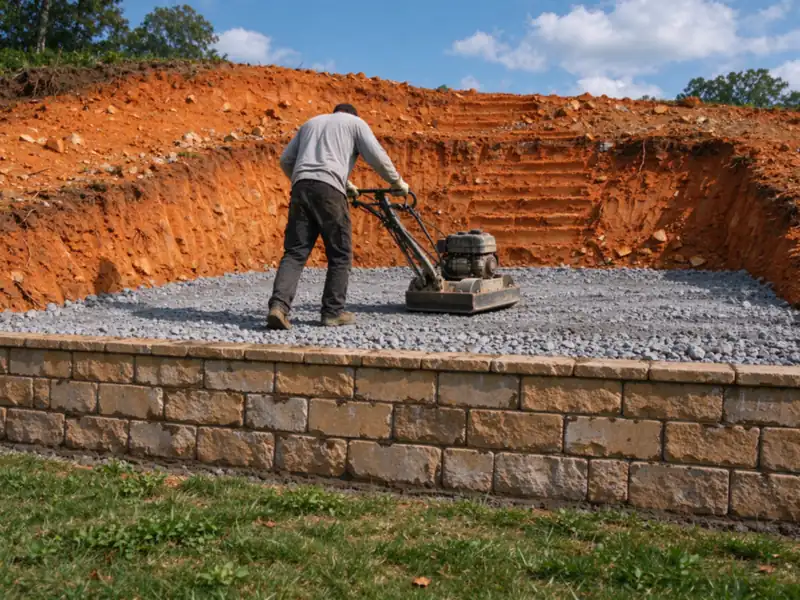 A worker seen from behind running a plate compactor over gravel backfill behind a new tan block retaining wall, Charlotte area